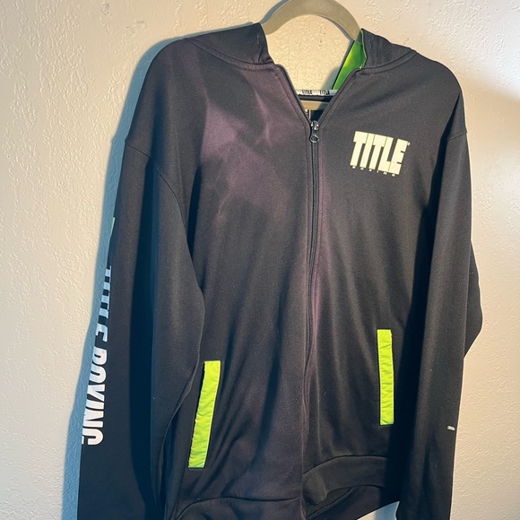 Title Boxing Black Performance Jacket Green Neon Accents Hood Full-Length Zipper - Picture 2 of 11